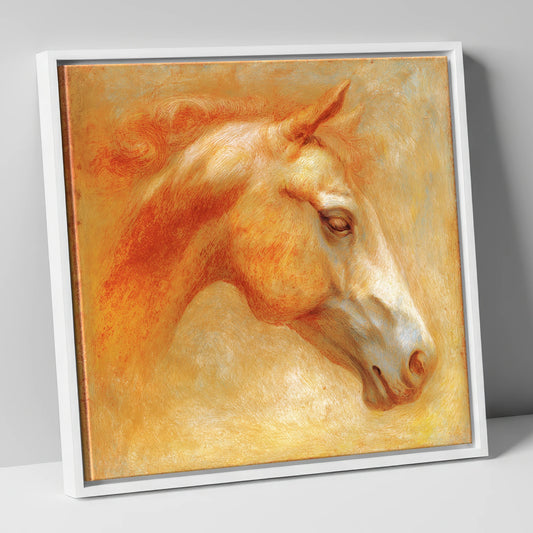 Ethereal Golden Profile racing horse canvas wall art in white frame