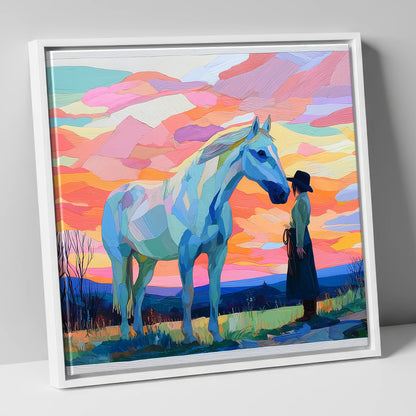 Vibrant Horizon Partnership horse & rider canvas wall art in white frame