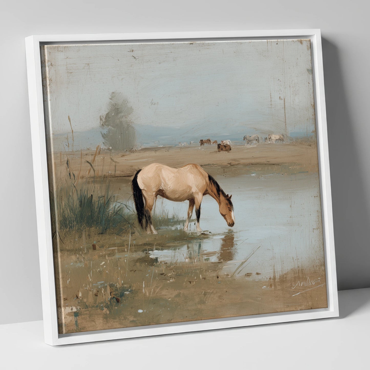 Buckskin by the Shallows horse landscape canvas wall art in white frame