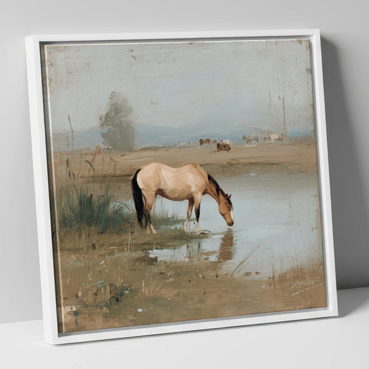 Buckskin by the Shallows horse landscape canvas wall art in white frame