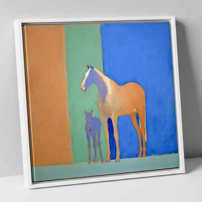 Cobalt and Sand mare & foal canvas wall art in white frame
