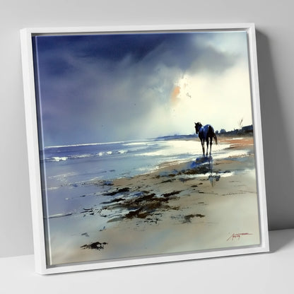 The Solitary Shoreline horse landscape canvas wall art in white frame