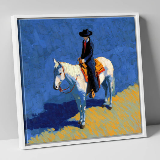 Vaquero in Blue western horse canvas wall art in white frame
