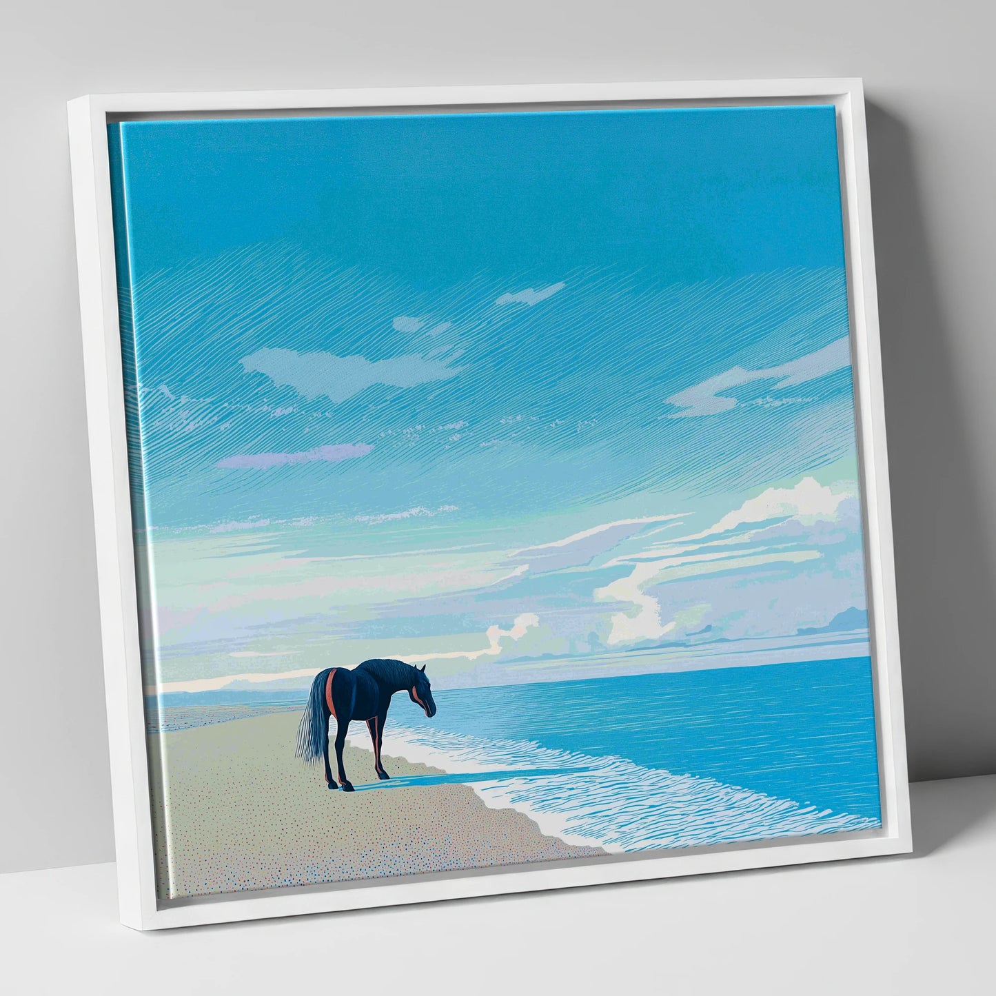 Solitude by the Sea horse landscape canvas wall art in white frame