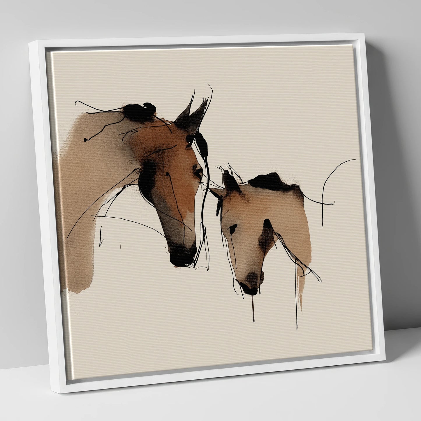 Gentle Kinship mare & foal canvas wall art in white frame