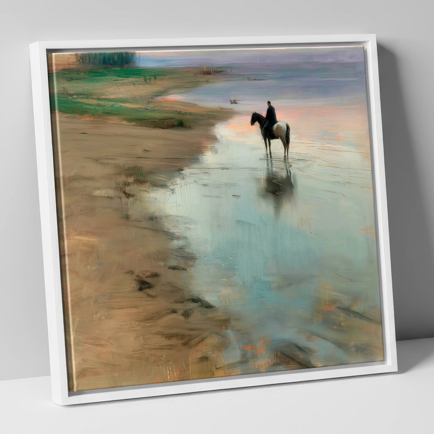 Tide Line Reflections horse landscape canvas wall art in white frame