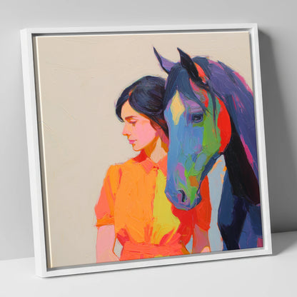 Vivid Companion horse & rider canvas wall art in white frame