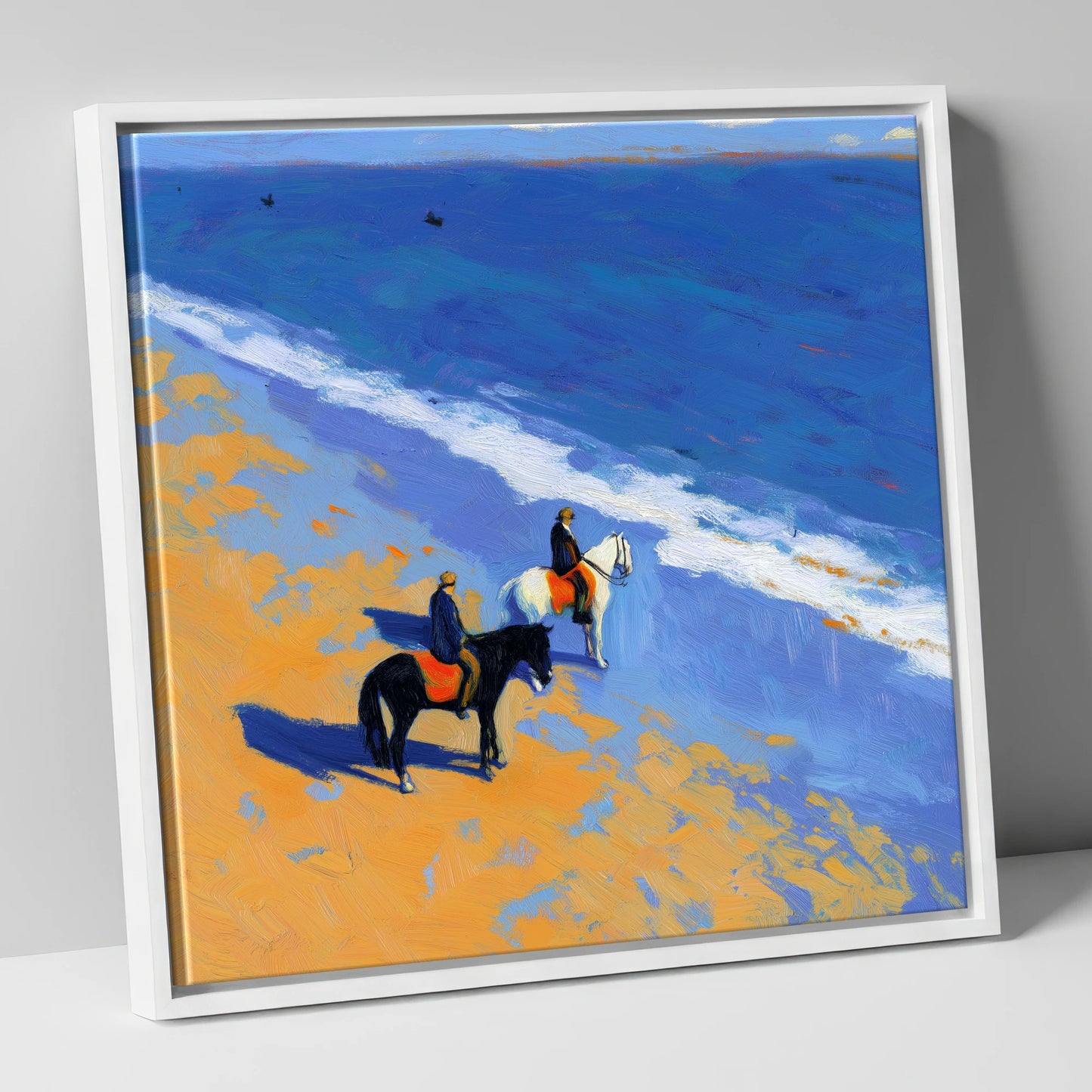 Sunlit Coastal Hack horse landscape canvas wall art in white frame