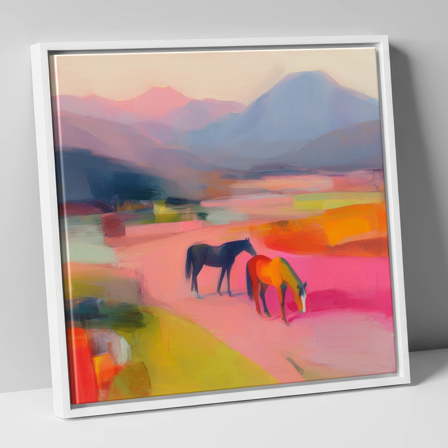 Vivid Horizons horse landscape canvas wall art in white frame