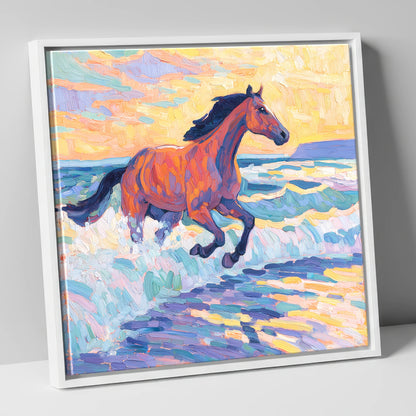 Painted Tide Canter beach horse canvas wall art in white frame
