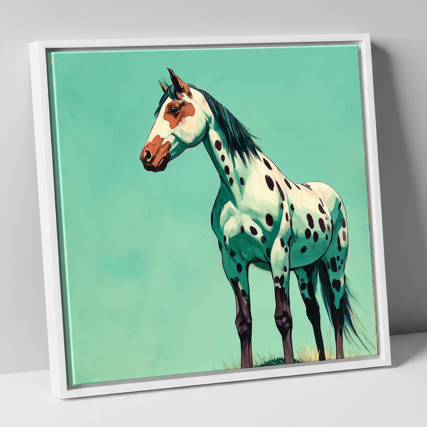 Striking Spotted Appaloosa horse breed canvas wall art in white frame