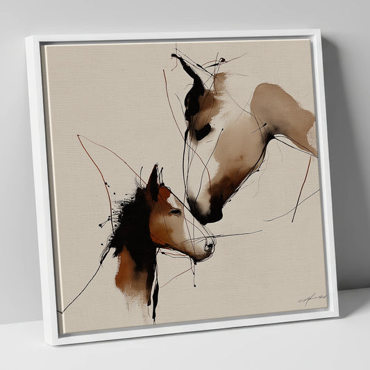 Tender Sepia Bond mare & foal canvas wall art in white frame