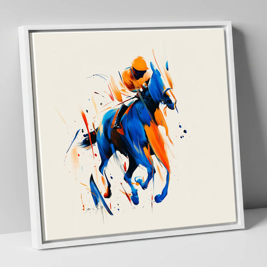 Velocity in Cobalt racing horse canvas wall art in white frame