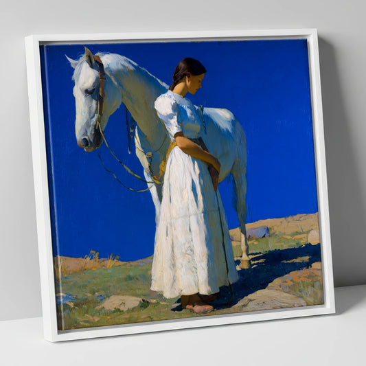 Under Azure Skies horse & rider canvas wall art in white frame