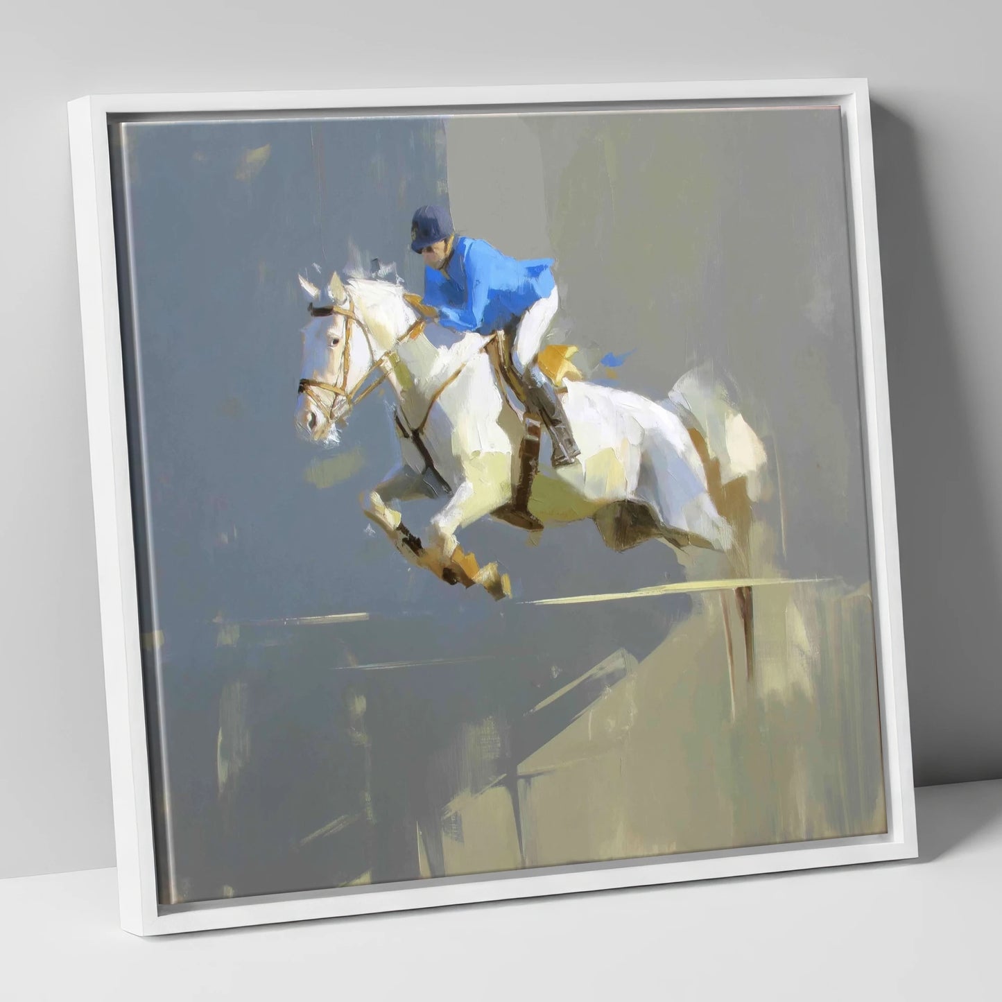Suspension in Slate show jumping horse canvas wall art in white frame