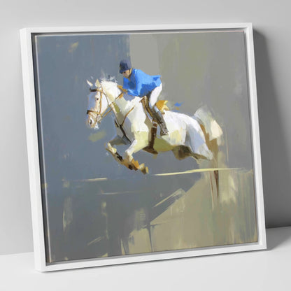 Suspension in Slate show jumping horse canvas wall art in white frame