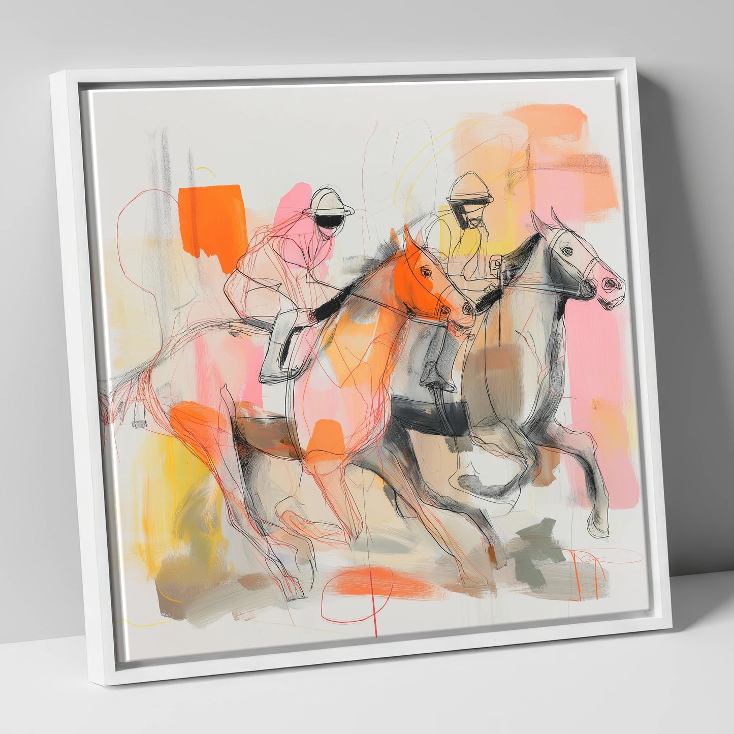 Vibrant Final Furlong racing horse canvas wall art in white frame