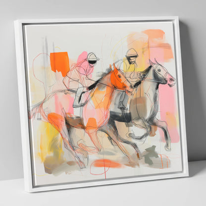 Vibrant Final Furlong racing horse canvas wall art in white frame