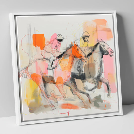 Vibrant Final Furlong racing horse canvas wall art in white frame