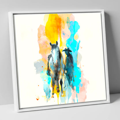 Vibrant Frontier Bond western horse canvas wall art in white frame