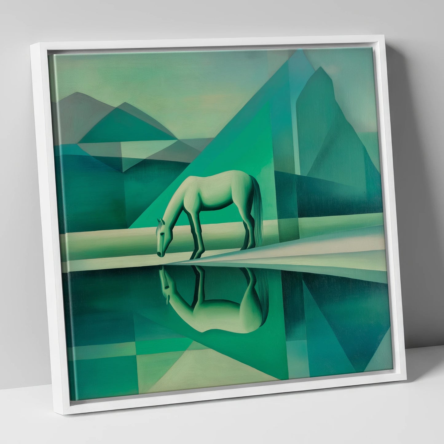 Emerald Geometric Serenity horse landscape canvas wall art in white frame