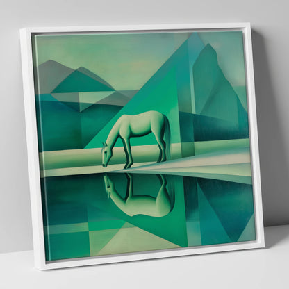Emerald Geometric Serenity horse landscape canvas wall art in white frame