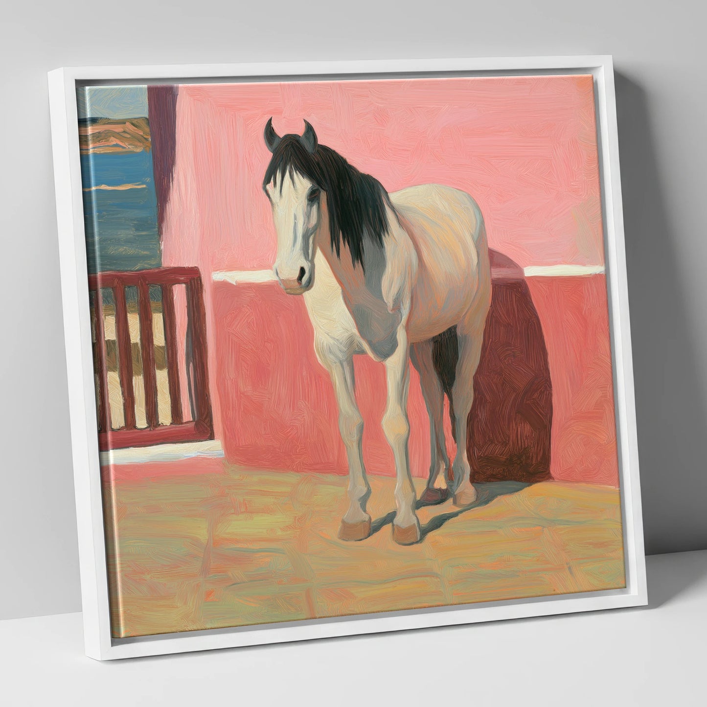 Coastal Courtyard Grey horse breed canvas wall art in white frame
