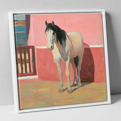 Coastal Courtyard Grey horse breed canvas wall art in white frame