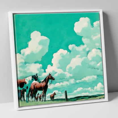 Turquoise Sky Herd horse landscape canvas wall art in white frame
