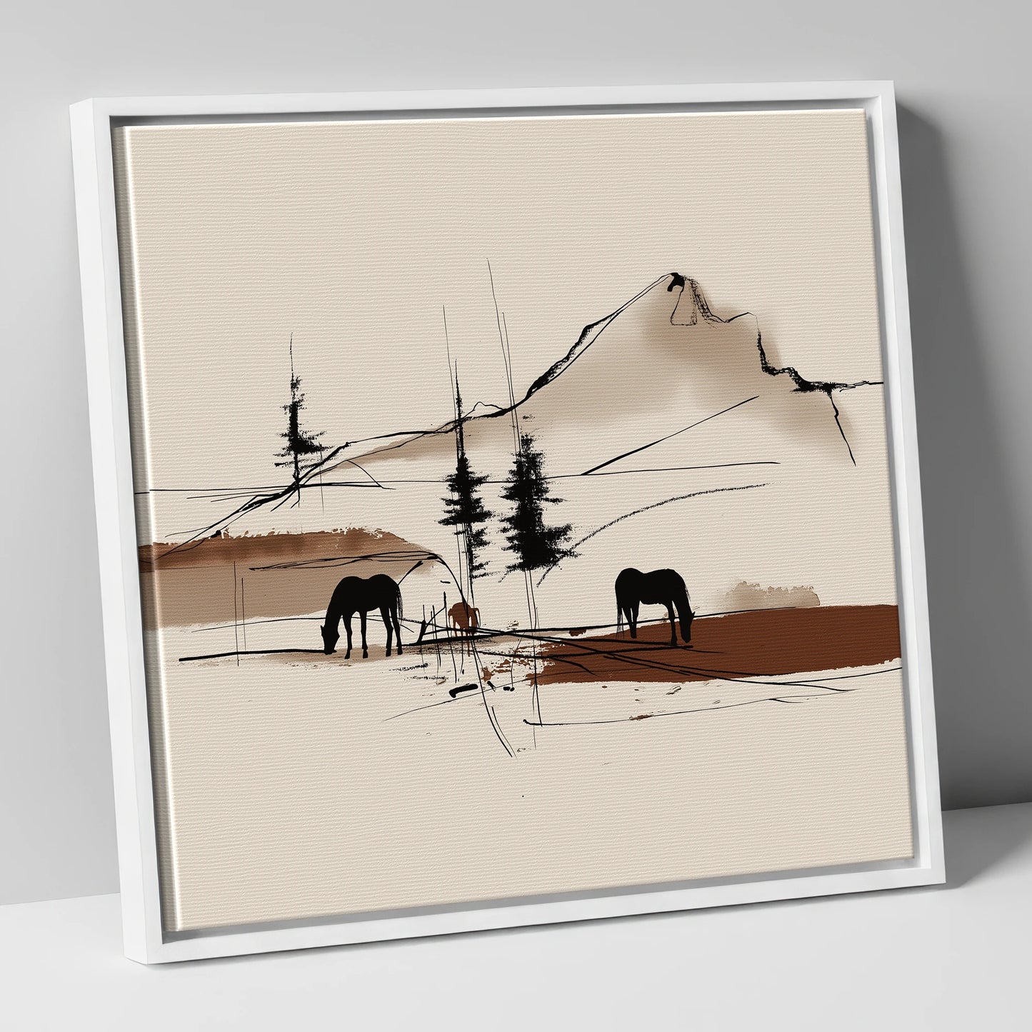 Mountain Pasture Silhouettes horse landscape canvas wall art in white frame
