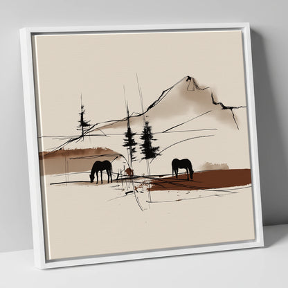 Mountain Pasture Silhouettes horse landscape canvas wall art in white frame