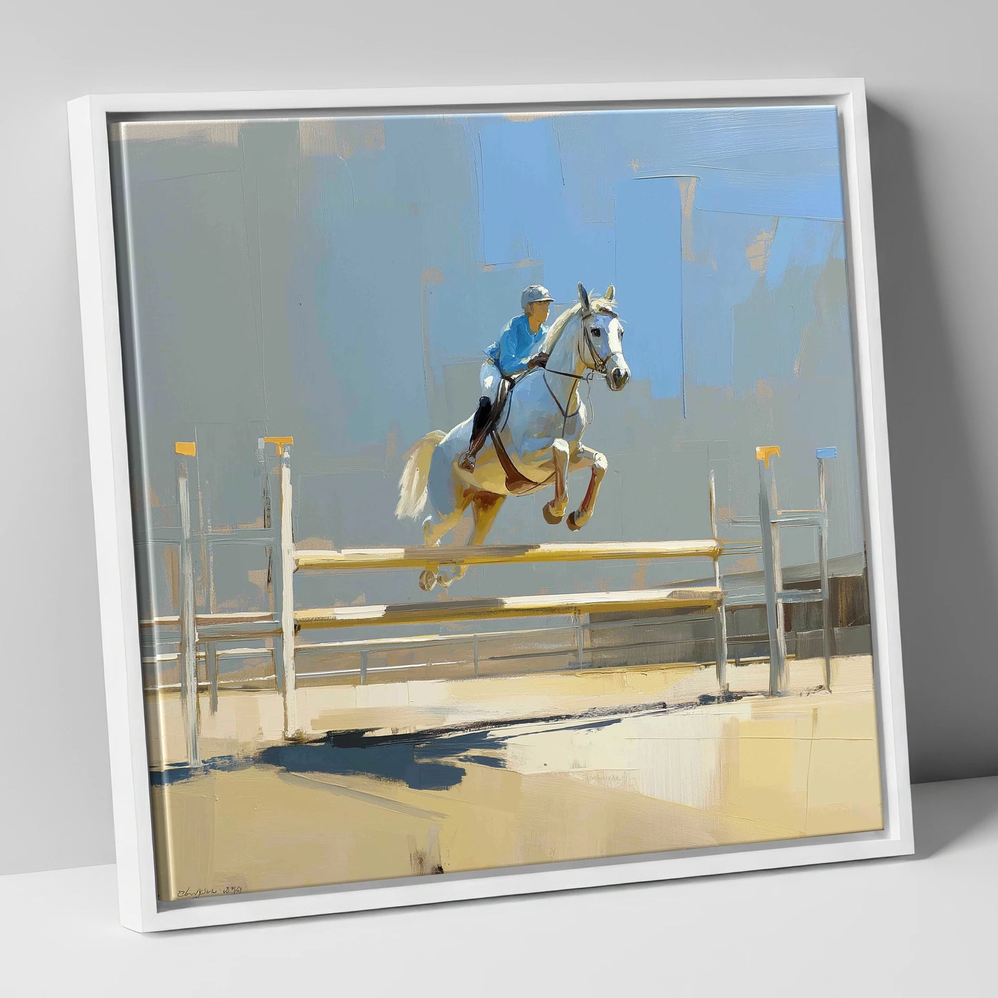 Sunlit Flight show jumping horse canvas wall art in white frame