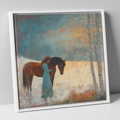 Whispers In Winter horse & rider canvas wall art in white frame