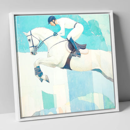 Teal Ascent show jumping horse canvas wall art in white frame