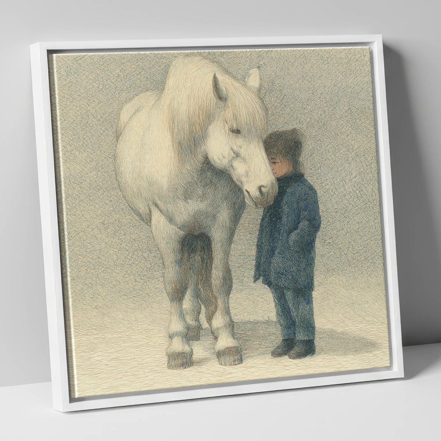 Quiet Trust horse & rider canvas wall art in white frame