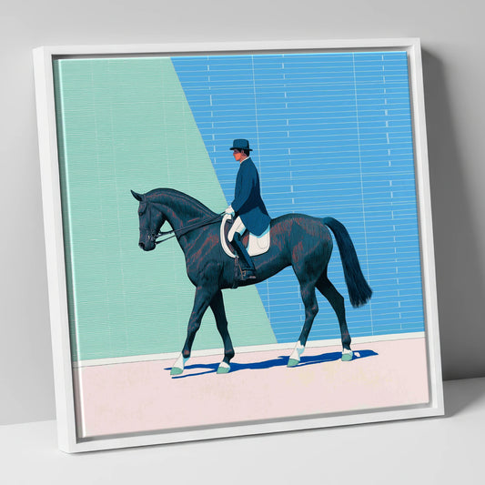 Rhythmic Precision dressage horse canvas wall art in white frame