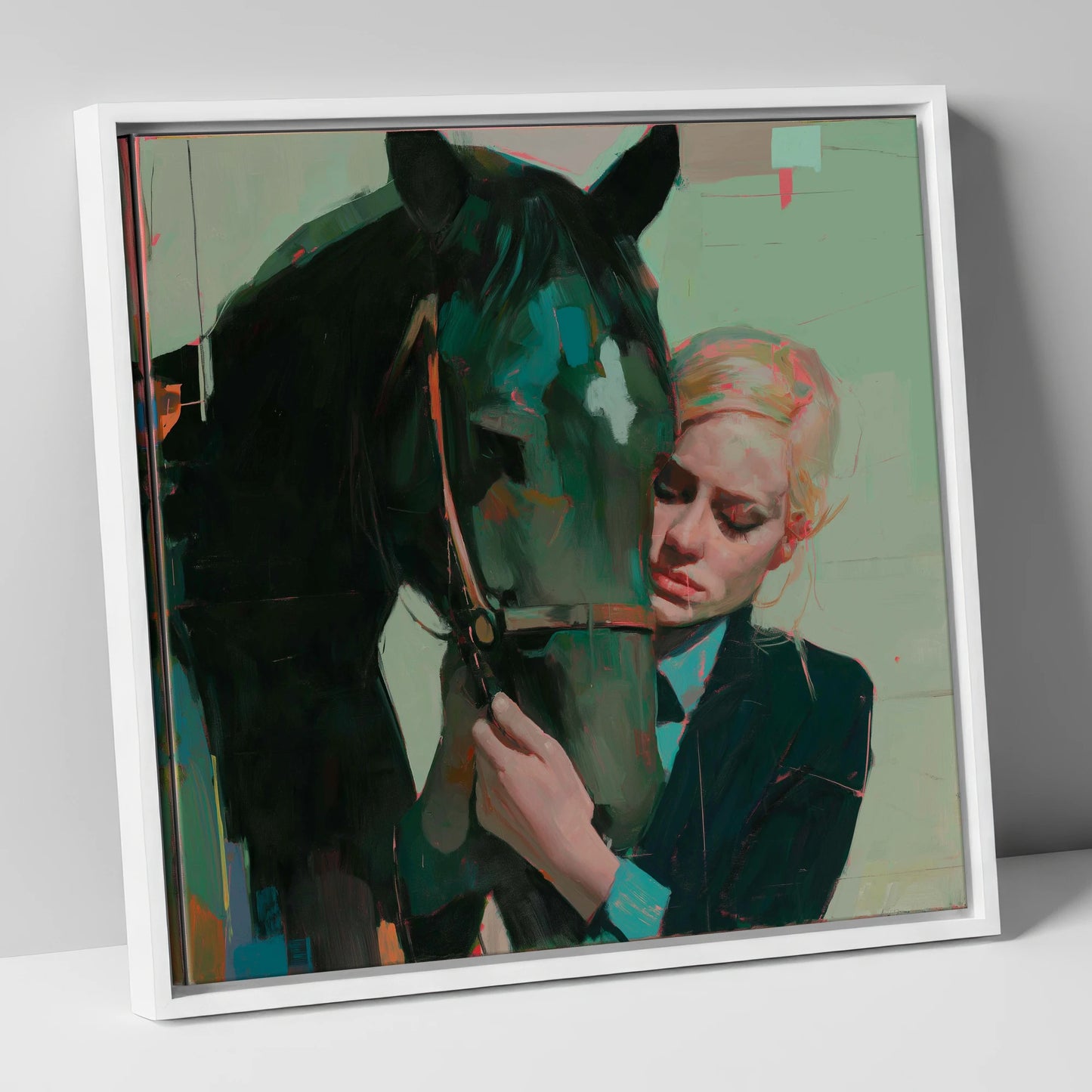 Quiet Connection horse & rider canvas wall art in white frame