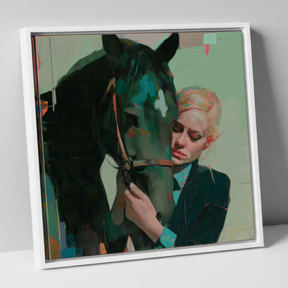 Quiet Connection horse & rider canvas wall art in white frame