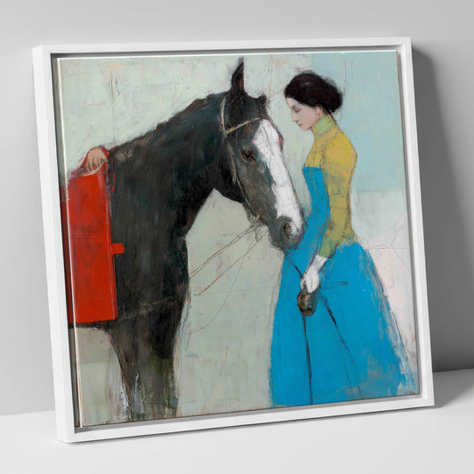 Quiet Connection horse & rider canvas wall art in white frame