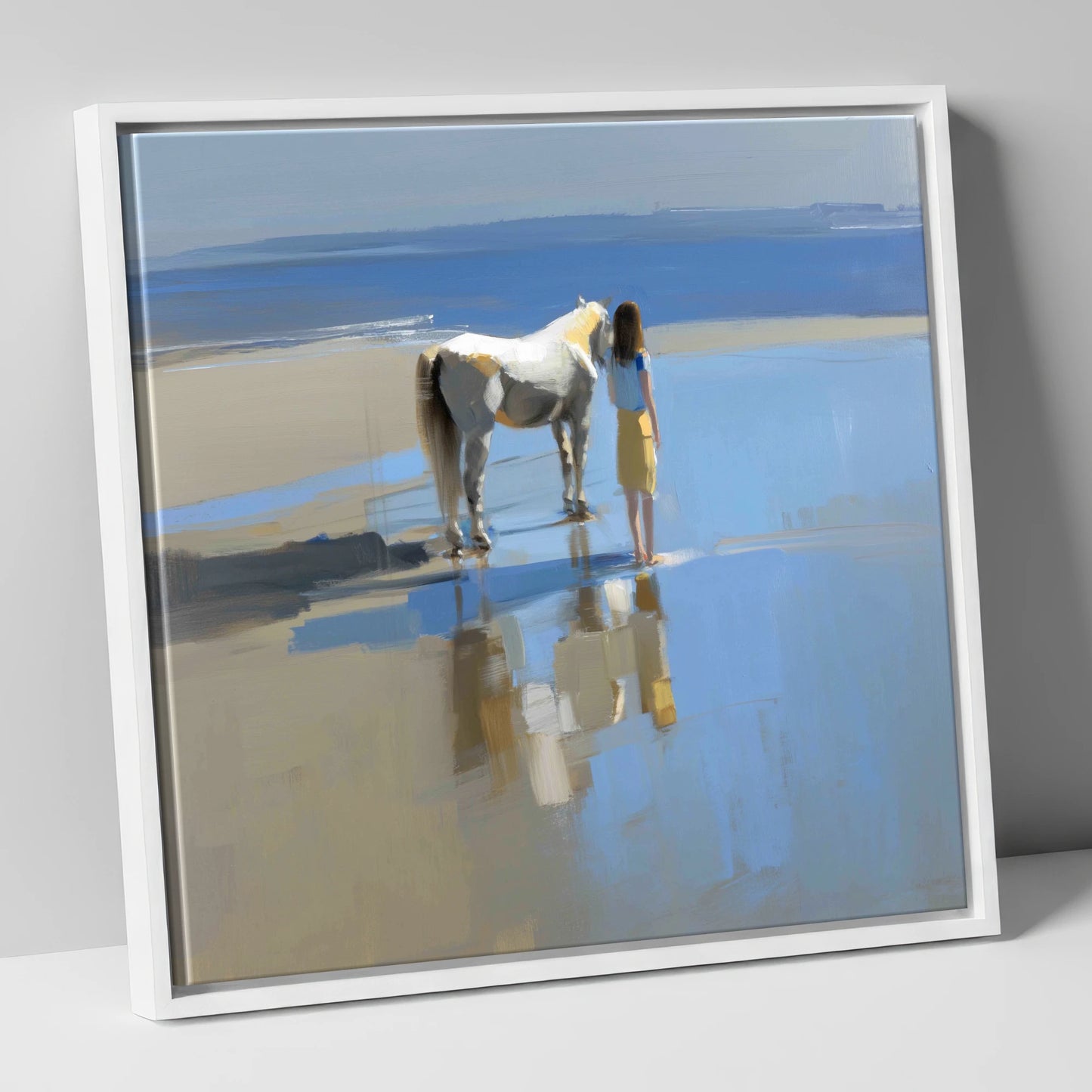 Reflections on the Shore horse & rider canvas wall art in white frame