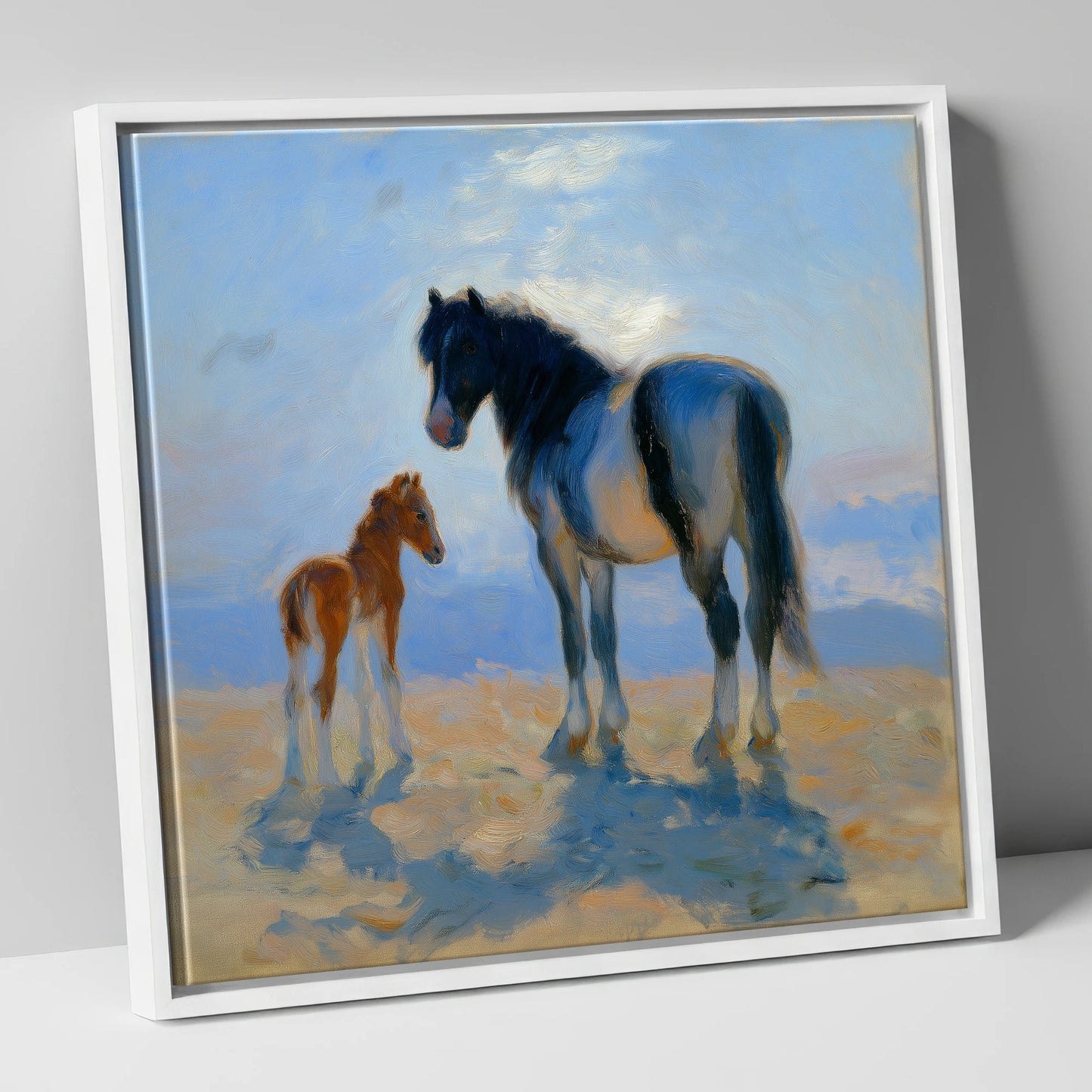 Cerulean Morning Light mare & foal canvas wall art in white frame