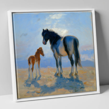 Cerulean Morning Light mare & foal canvas wall art in white frame