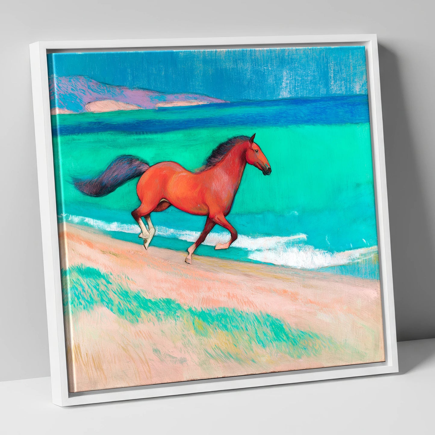 Crimson Coastal Canter horse landscape canvas wall art in white frame