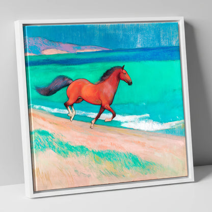 Crimson Coastal Canter horse landscape canvas wall art in white frame