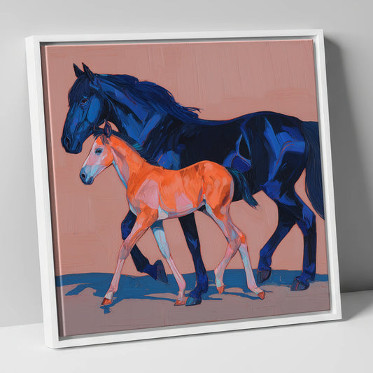 Cobalt and Coral mare & foal canvas wall art in white frame