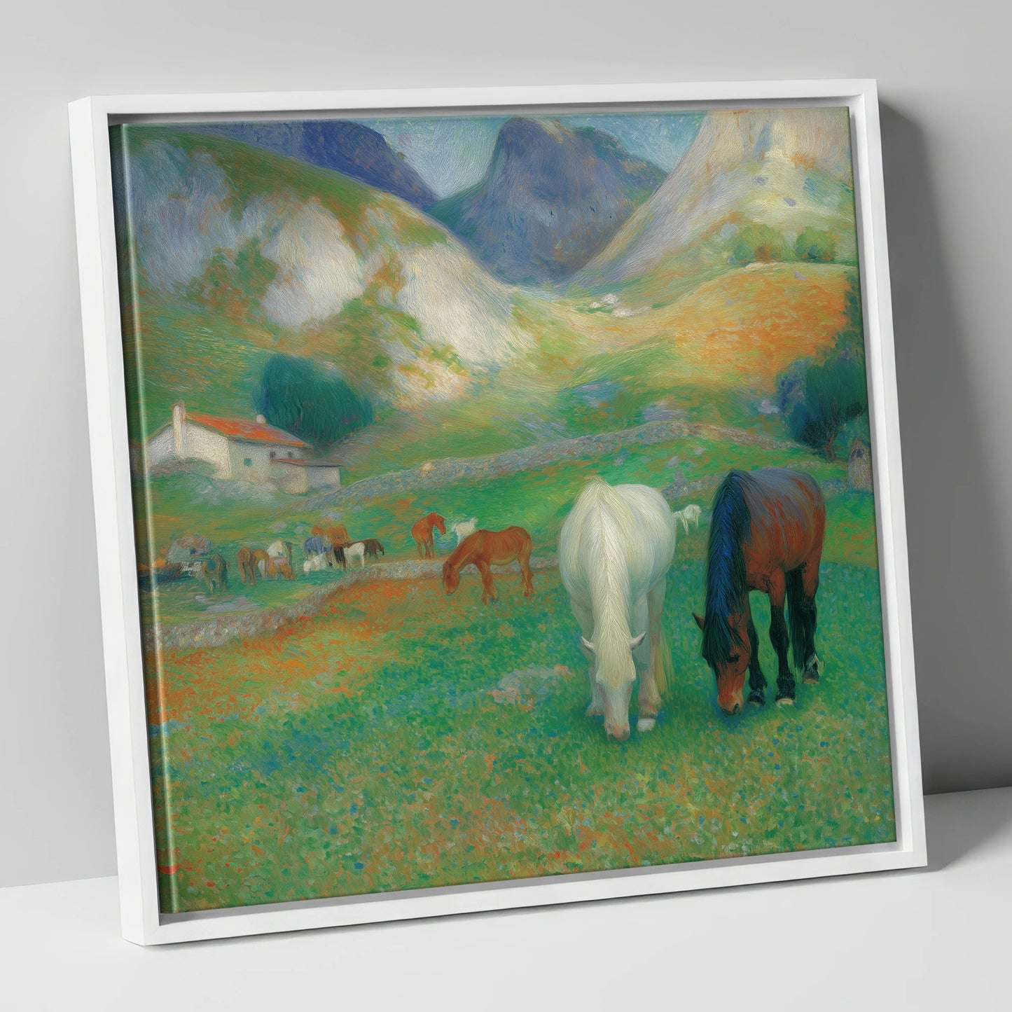 Vibrant Valley Pasture horse landscape canvas wall art in white frame