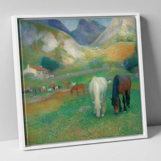 Vibrant Valley Pasture horse landscape canvas wall art in white frame