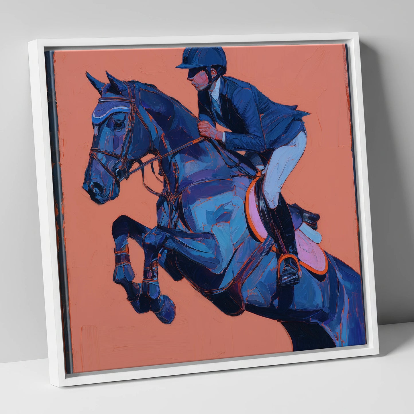 Indigo Flight show jumping horse canvas wall art in white frame