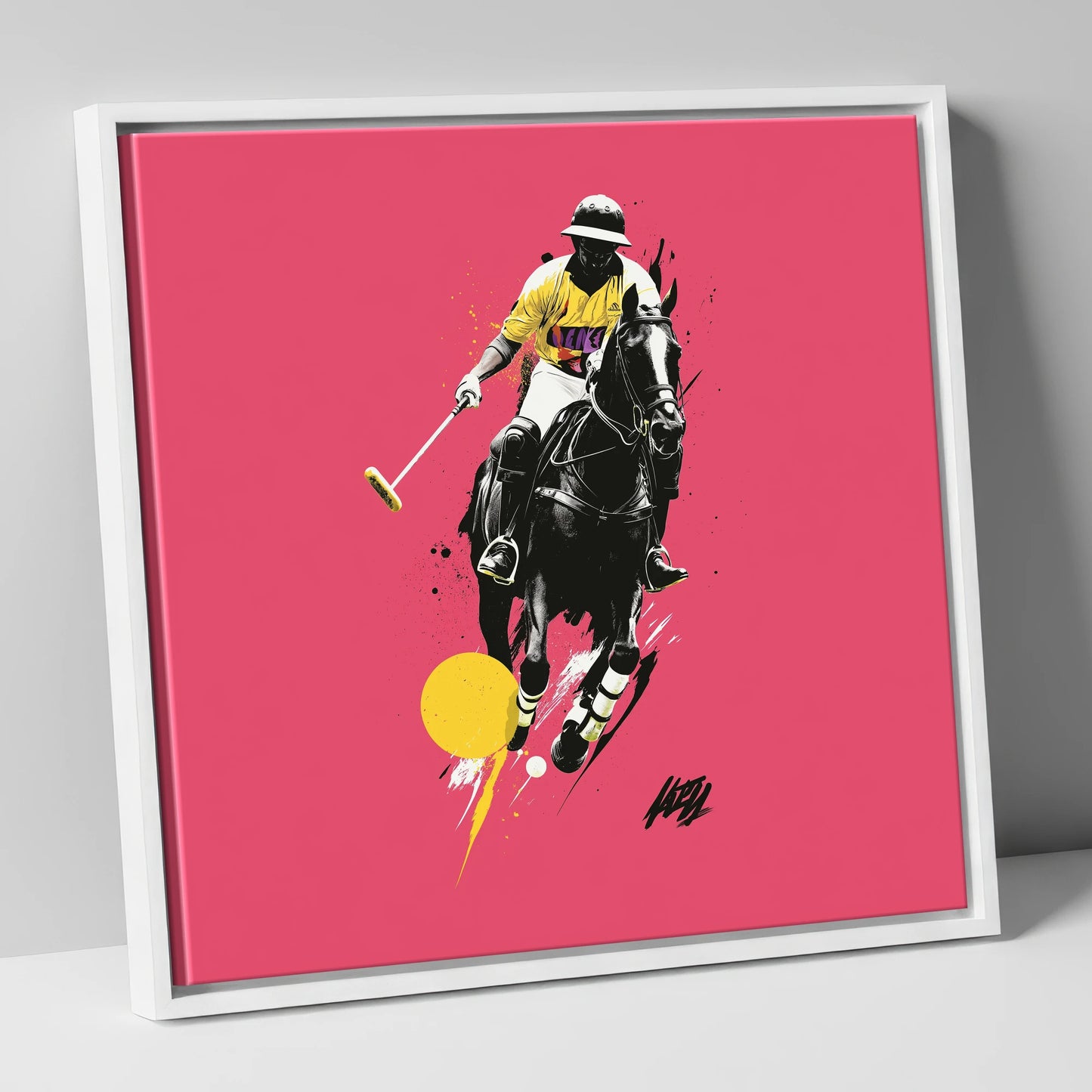 Magenta Chukka polo horse canvas wall art in white frame