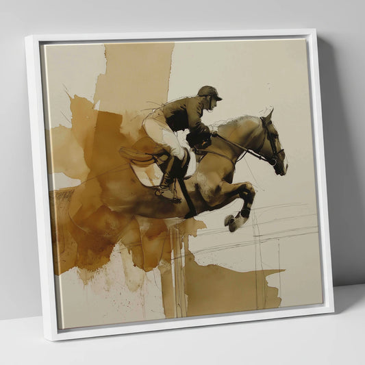 Moment of Suspension show jumping horse canvas wall art in white frame